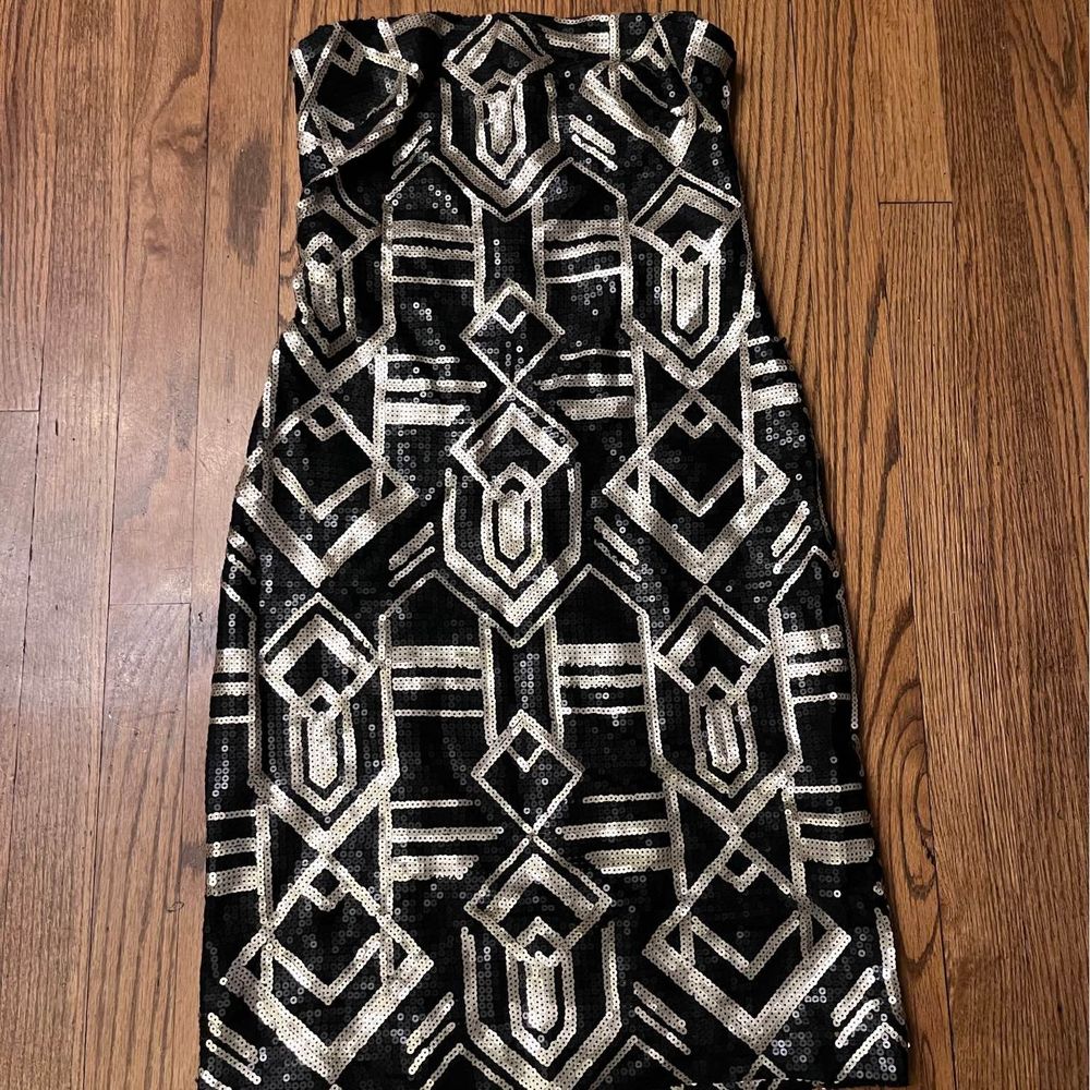 RALPH LAUREN Black Gold Sequin Modern Geometric Strapless Evening Dress 4 RARE!!